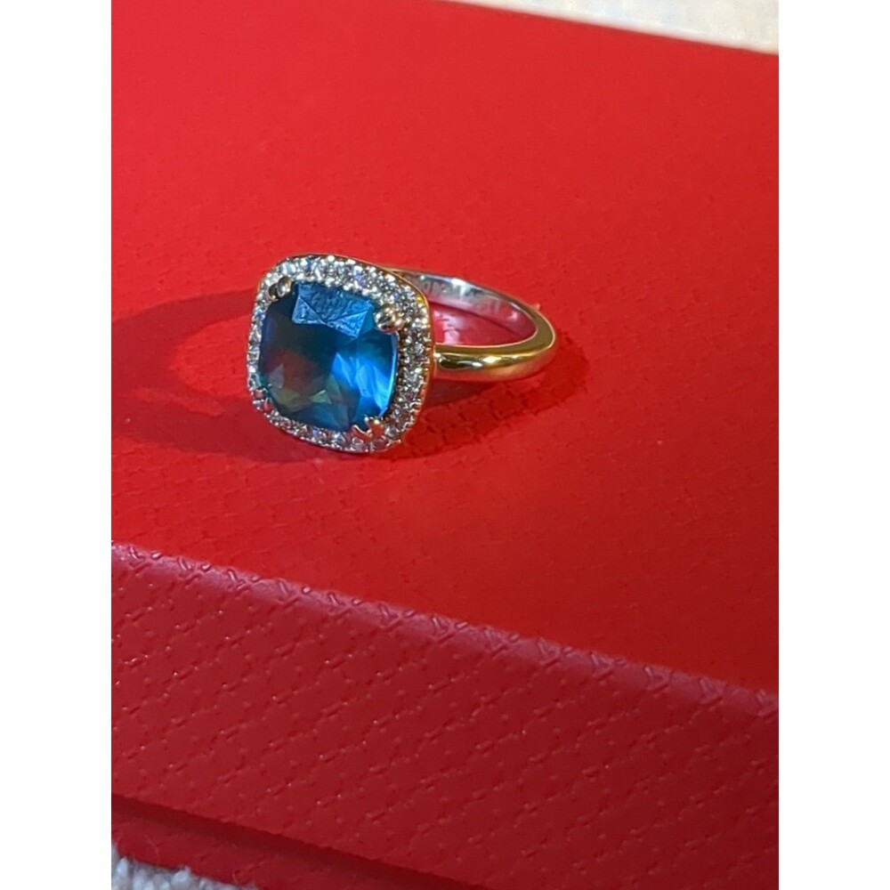 Silver Tone Topaz Ocean Blue Ring With White Topaz Square Cut Ring Size 6